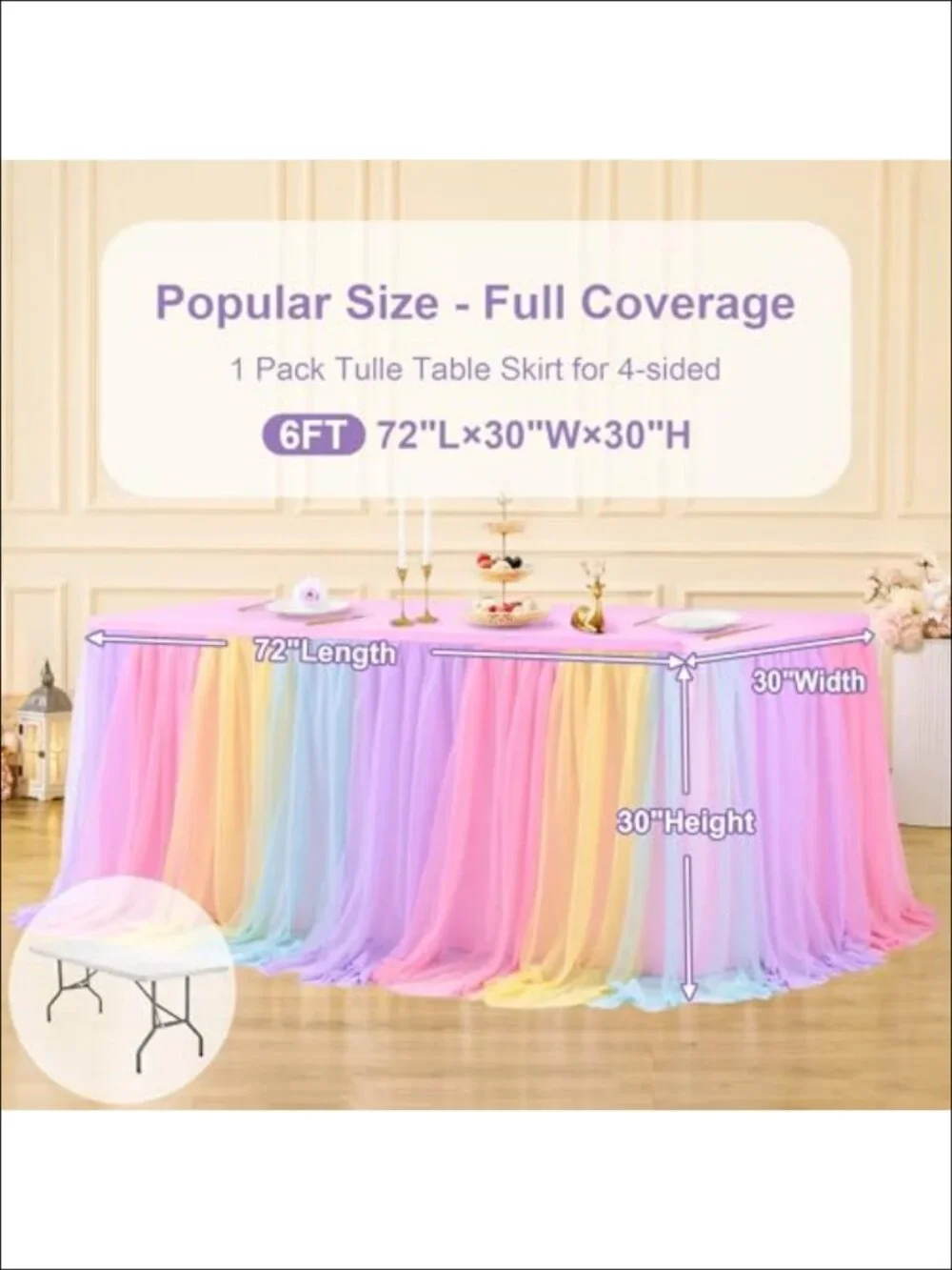 Rainbow Tulle Tablecloth 6ft Rectangle Table Skirt Ruffled Stretch Cover Party
